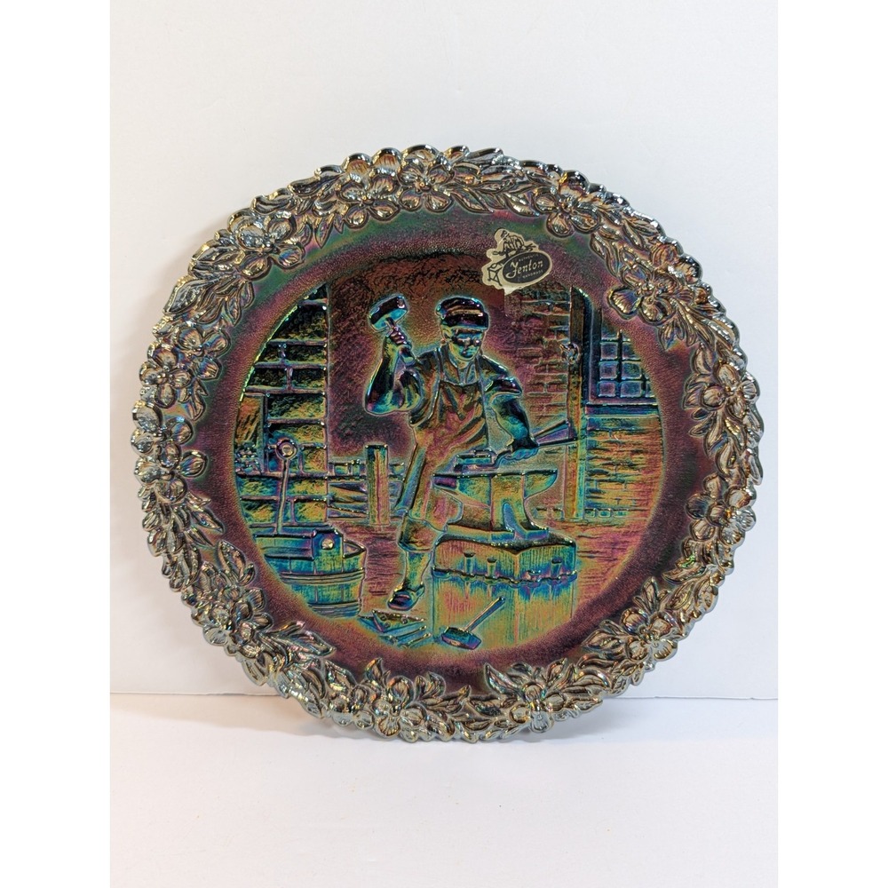 Fenton Carnival Glass Plate Village Blacksmith No 3 Series Vintage 1972